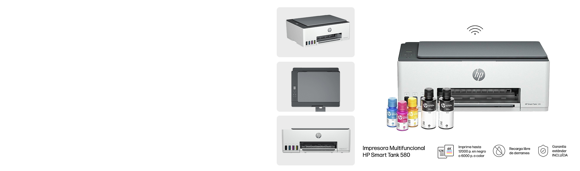 4 vistas de una Impresora Multifuncional HP Smart Tank 580. ...
