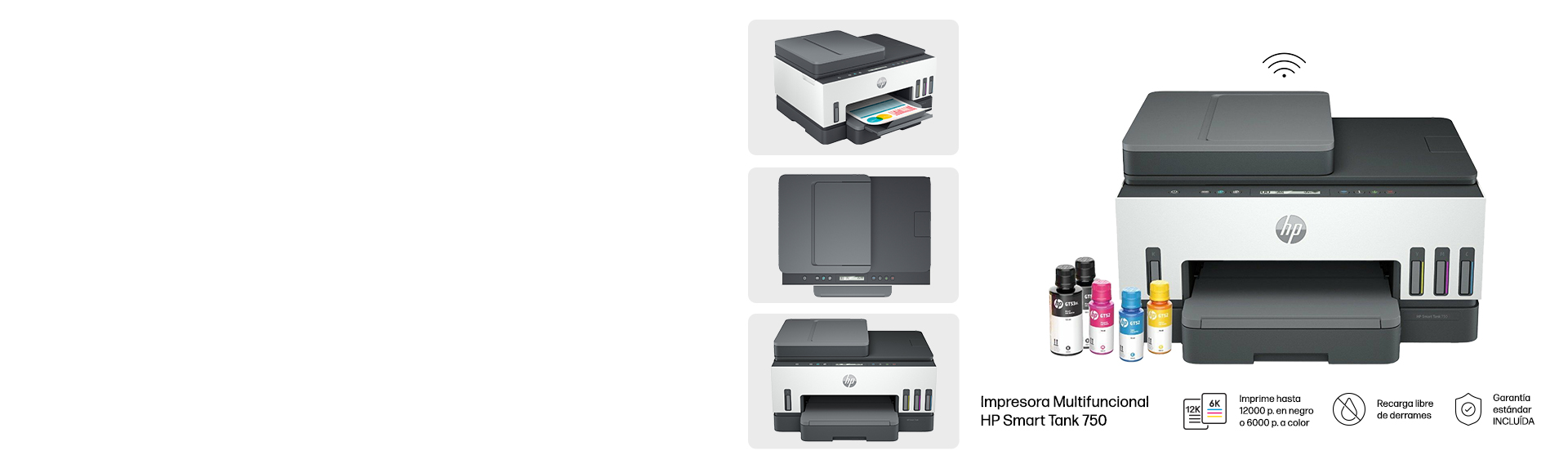 4 vistas de una Impresora Multifuncional HP Smart Tank 750. ...