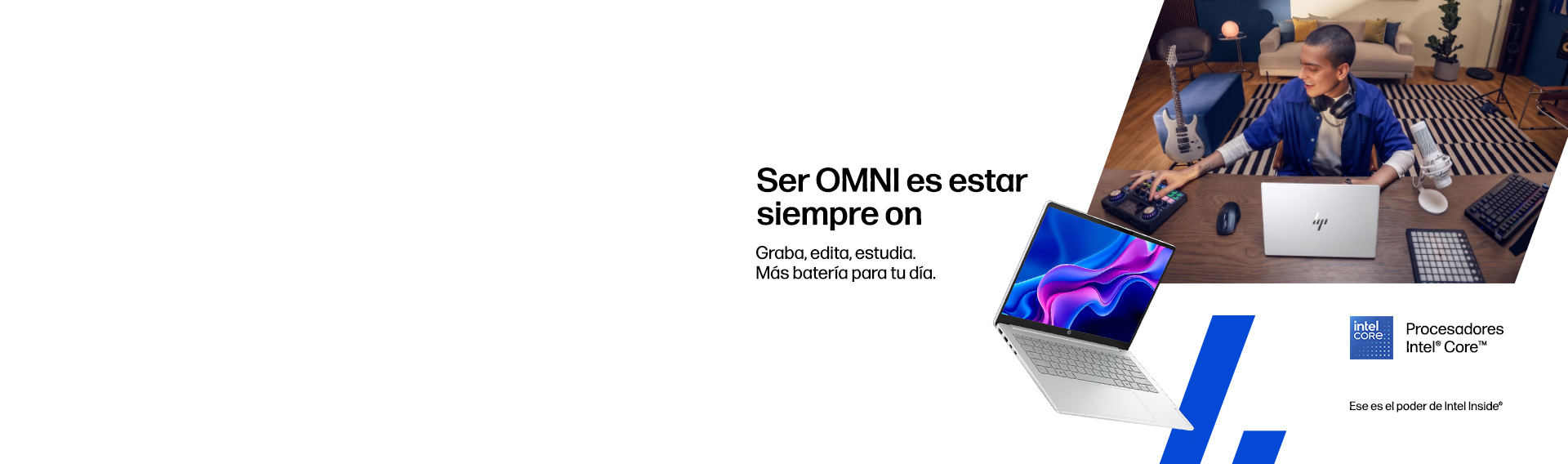 Ser OMNI es estar siempre on. Graba, edita, estudia. M&aacute;s bater&iacute;a para tu d&iacute;a. Procesadores Intel&reg; Core&trade; . Ese es el poder de Intel Inside&reg;. Un chico editando audio en caa en una Omnibook HP.