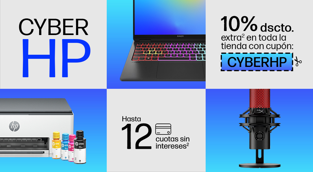 Cyber HP. Imagen de impresora Smart Tank con botellas de tinta, Laptop Gaming OMEN y micrófono Hyper X. Hasta 12 cuotas sin interés.  10% dscto. extra en toda la tienda con cupón: CYBERHP