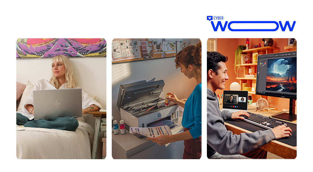 CyberWOW. Collage de personas usando productos HP.