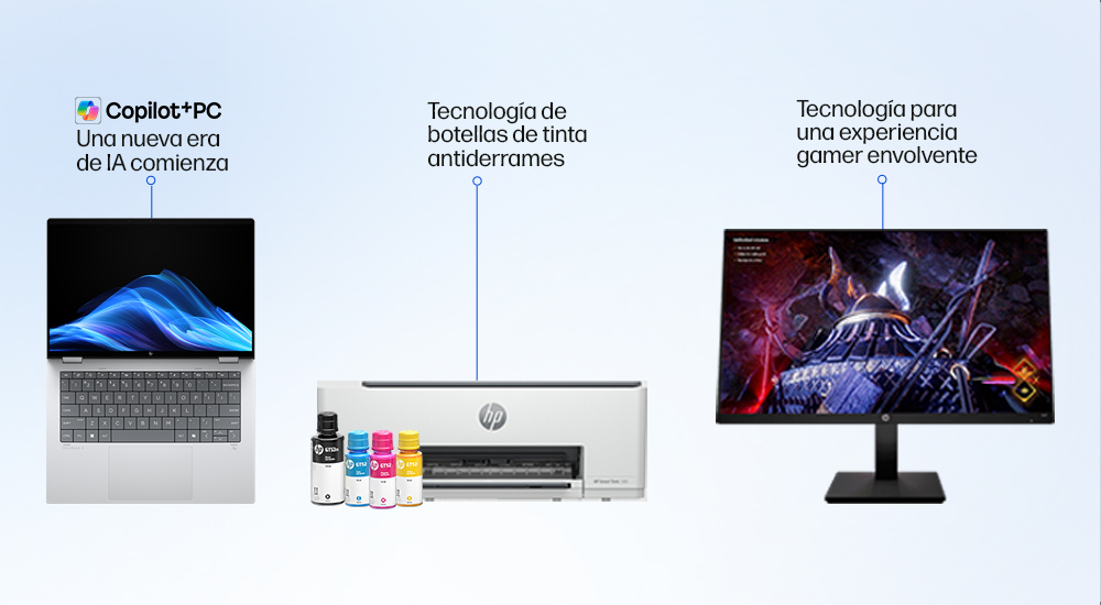 Descripci&oacute;n de imagen: Notebook HP. Copilot + PC. Una nueva era de IA comienza. Impresora HP Smart Tank con botellas de tinta. Tecnolog&iacute;a de botellas de tinta antiderrames. Monitor Gaming Omen. Tecnolog&iacute;a para una experiencia gamer envolvente.