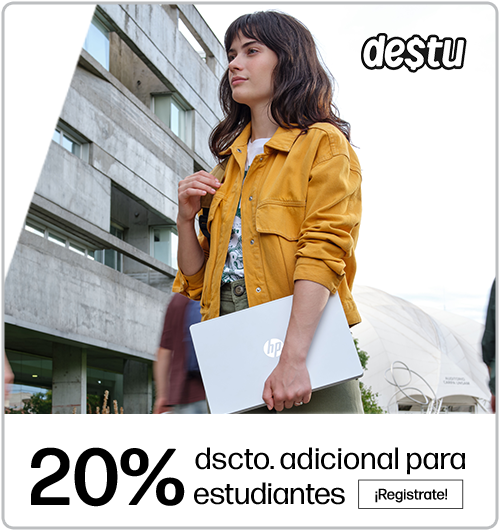 Logo destu. Una chica entrando al colegio con una laptop HP en brazo. 20% descuento adicional para estudiantes. Haz clic para registrarte.