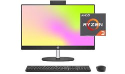 #CyberOferta. Rendimiento al mejor precio. Fotografía de una HP All-in-One 24-cr0000la. Procesador AMD Ryzen 3. RAM 8GB. SSD 512 GB Ahorra 17%. Llévatela por solo: S/2,399