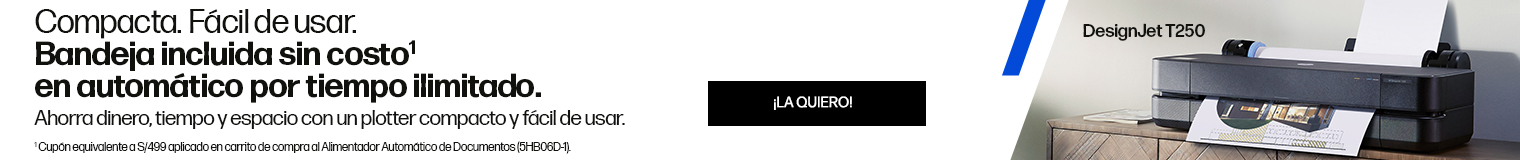 Compacta. F&aacute;cil de usar. Bandeja incluida sin costo* en autom&aacute;tico por tiempo ilimitado. Ahorra dinero, tiempo y espacio con un plotter compacto y f&aacute;cil de usar. * Cup&oacute;n equivalente a S/499 aplicado en carrito de compra al Alimentador Autom&aacute;tico de Documentos (5HB06D-1).