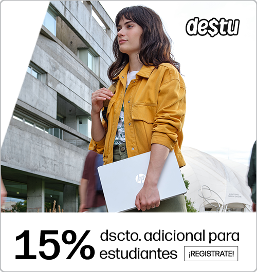 Logo destu. Una chica entrando al colegio con una laptop HP en brazo. 15% descuento adicional para estudiantes. Haz clic para registrarte.