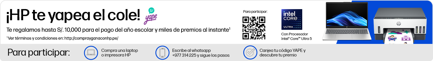 &iexcl;HP te yapea el cole! Te regalamos hasta S/. 10,000 para el pago del a&ntilde;o escolar y miles de premios al instante* Escanea el QR code para participar. * Ver t&eacute;rminos y condiciones en: http://comprayganaconhp.pe/ Para participar: Compra una laptop o impresora HP, Escribe al whatsapp +977 314 225 y sigue los pasos, Canjea tu c&oacute;digo YAPE y descubre tu premio.