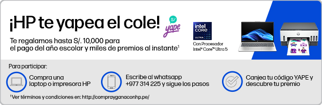 &iexcl;HP te yapea el cole! Te regalamos hasta S/. 10,000 para el pago del a&ntilde;o escolar y miles de premios al instante* Escanea el QR code para participar. * Ver t&eacute;rminos y condiciones en: http://comprayganaconhp.pe/ Para participar: Compra una laptop o impresora HP, Escribe al whatsapp +977 314 225 y sigue los pasos, Canjea tu c&oacute;digo YAPE y descubre tu premio.