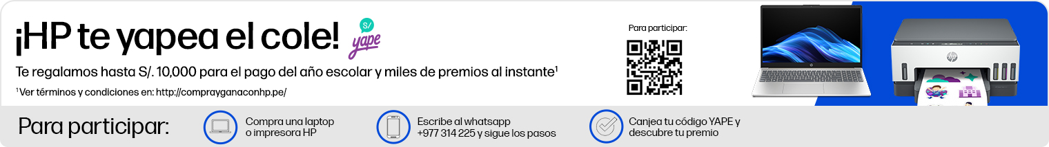 &iexcl;HP te yapea el cole! Te regalamos hasta S/. 10,000 para el pago del a&ntilde;o escolar y miles de premios al instante* Escanea el QR code para participar. * Ver t&eacute;rminos y condiciones en: http://comprayganaconhp.pe/ Para participar: Compra una laptop o impresora HP, Escribe al whatsapp +977 314 225 y sigue los pasos, Canjea tu c&oacute;digo YAPE y descubre tu premio.