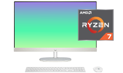Fotograf&iacute;a de una Desktop Todo en uno HP 27-cr0275la con Procesador AMD Ryzen&trade; 7. RAM de 16 GB y SSD de 512 GB.