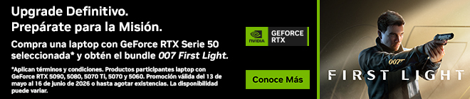 Upgrade Definitivo. Prep&aacute;rate para la misi&oacute;n. Compra una laptop con GeForce RTX serie 50 seleccionada* y obt&eacute;n el bundle 007 First Light. *Aplican t&eacute;rminos y condiciones. Productos participantes laptop con GeForce RTX 5090, 5080, 5070 Ti, 5070 y 5060. Promoci&oacute;n v&aacute;lida del 13 de mayo al 16 de junio de 2026 o hasta agotar existencias. La disponibilidad puede variar.