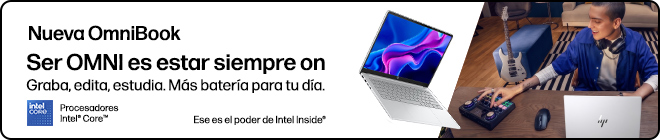 Nueva OmniBook. Ser OMNI es estar siempre on. Graba, edita, estudia. M&aacute;s bater&iacute;a para tu d&iacute;a.Procesadores Intel&reg; Core&trade; . Ese es el poder de Intel Inside&reg;. Un chico editando audio en caa en una Omnibook HP.