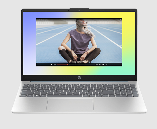 Imagen de una Laptop HP 15-fd0277la con aplicación en pantalla.