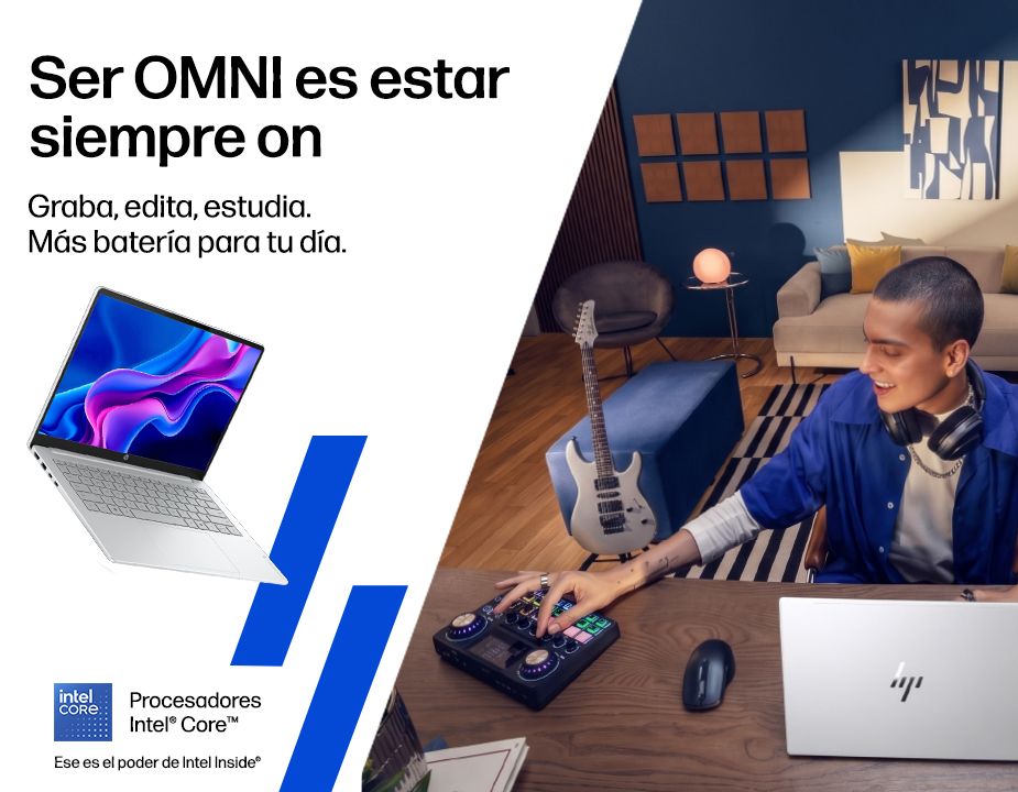 Ser OMNI es estar siempre on. Graba, edita, estudia. M&aacute;s bater&iacute;a para tu d&iacute;a. Procesadores Intel&reg; Core&trade;. Ese es el poder de Intel Inside&reg;. Un chico editando audio en caa en una Omnibook HP.