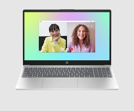 Fotografía de una Laptop HP 15-fd0254la con aplicación en pantalla.