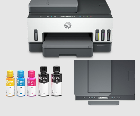3 vistas de Impresora Smart Tank 750 con botellas de tinta.